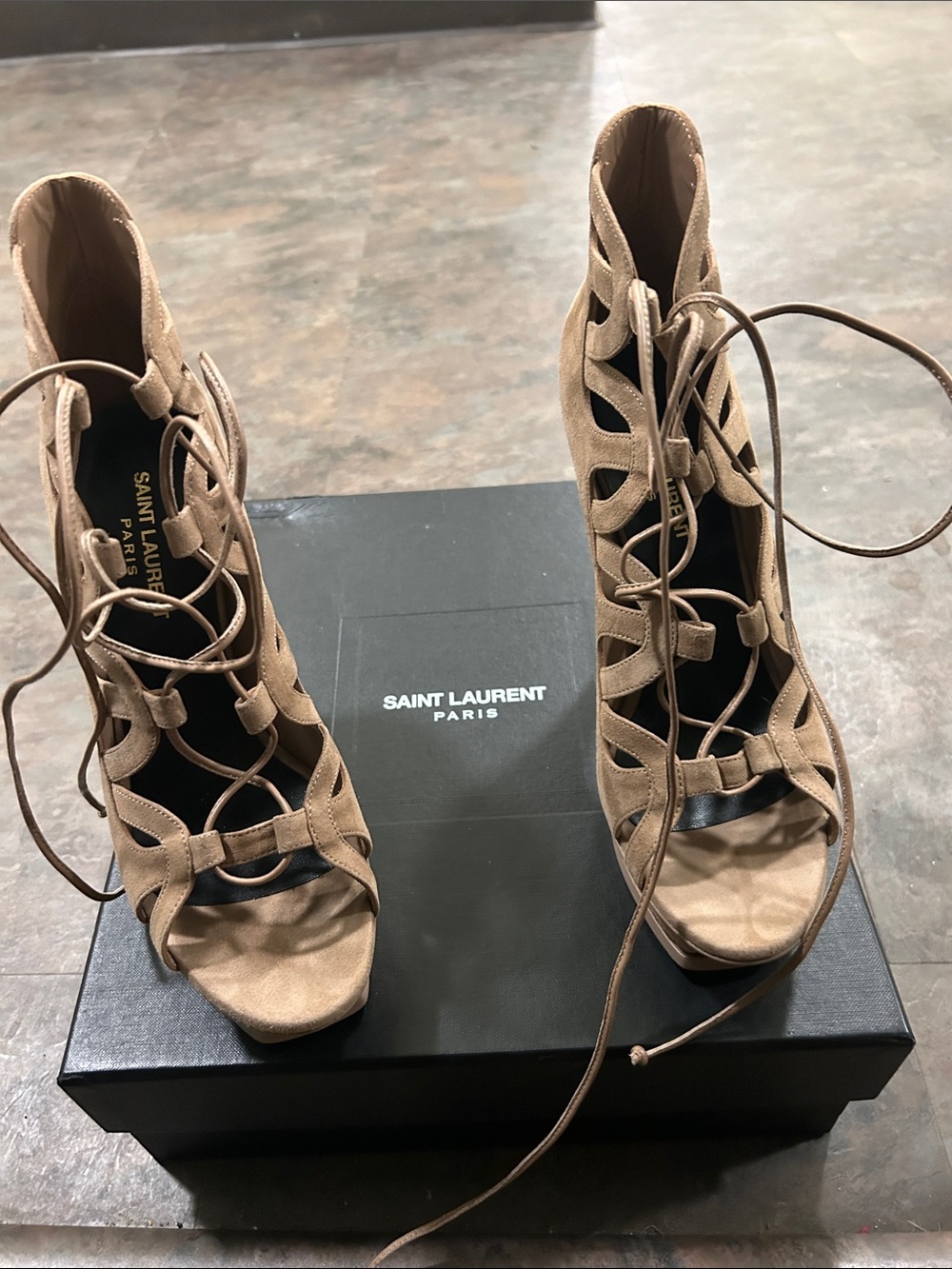 Saint Laurent Tan Suede Lace-Up Cutout High Heeled Sandals BRAND NEW IN BOX
